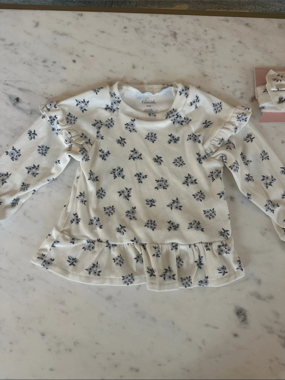 Floral threads Cream and Blue Floral Ruffle Pajama Set with bow. Can be outfit